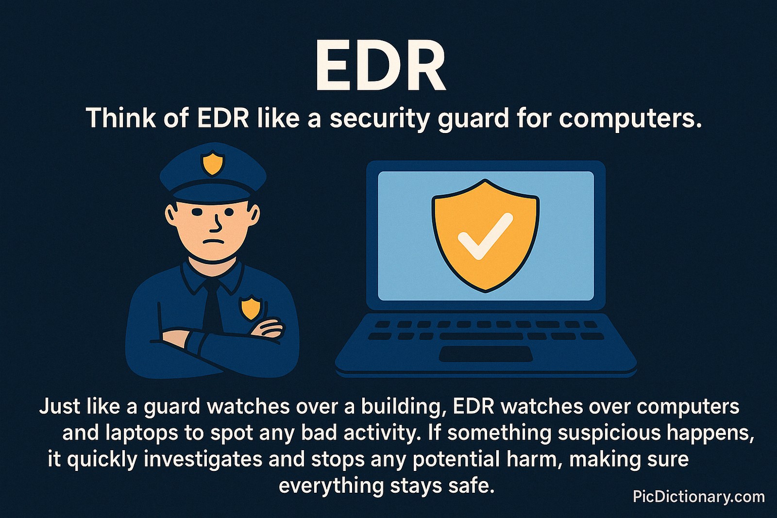 A 2D digital illustration shows a stern-looking security guard in uniform standing next to a laptop displaying a shield with a check mark. Above them, bold text reads, “EDR – Think of EDR like a security guard for computers.” Below, a paragraph explains EDR's function as monitoring for suspicious activity on devices, comparing it to a guard watching over a building. 