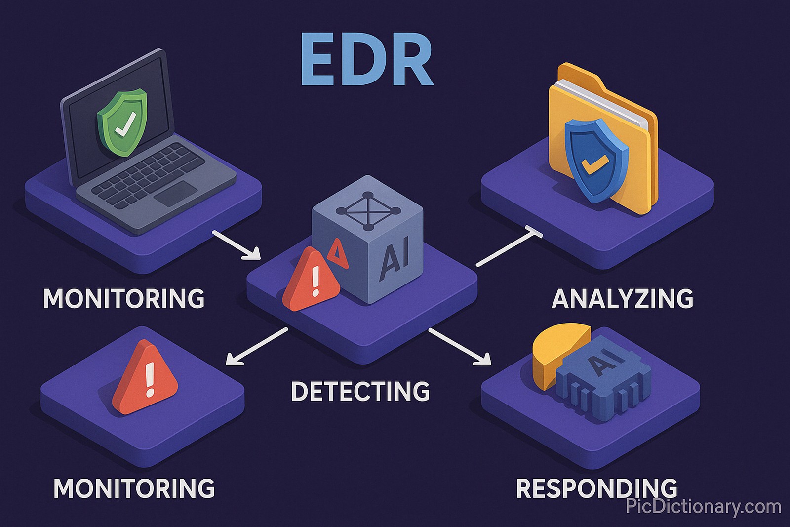A 3D isometric infographic visualizes the Endpoint Detection and Response (EDR) workflow on a dark purple-blue background. At the center, a cube labeled "AI" and marked with an alert symbol represents "Detecting." From this center, four steps branch out: "Monitoring" shows a laptop with a green shield icon, "Analyzing" is illustrated with a secure folder featuring a blue shield, and "Responding" shows a chip and pie chart labeled with "AI." Another alert symbol represents a second "Monitoring" step. White arrows connect all steps to reflect a real-time feedback loop.