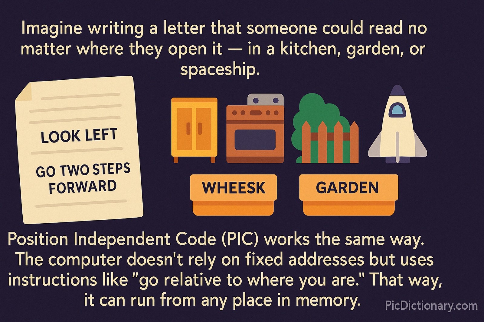 A 2D digital illustration serves as an educational analogy for Position Independent Code (PIC). The background is dark purple. On the left is a cream-colored letter with directions like "LOOK LEFT" and "GO TWO STEPS FORWARD." To the right, three different locations — a kitchen with cabinets and stove, a garden with a tree and fence, and a spaceship — emphasize the letter's adaptability to any place. Below, explanatory text compares this to PIC, which operates without fixed memory addresses. 