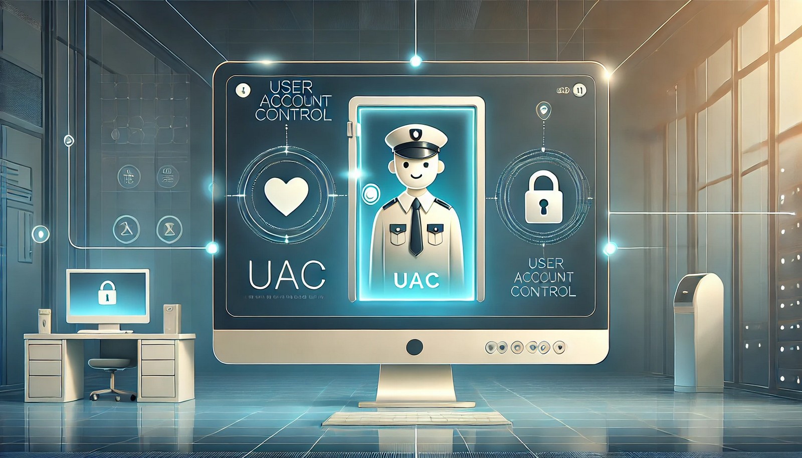  A friendly security guard stands in front of a locked door on a computer screen, representing User Account Control (UAC), with digital safety symbols and a futuristic tech-inspired environment.