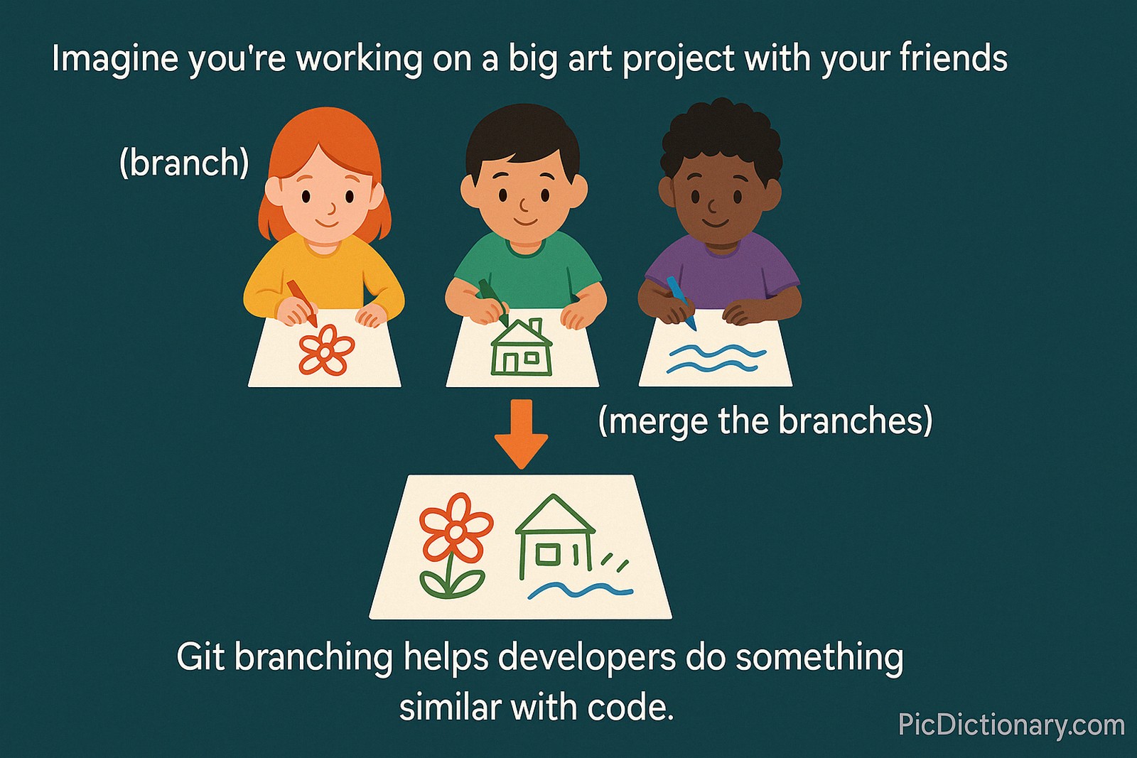 Three children draw on separate papers labeled “branch,” then combine their artwork into one final piece. This illustrates Git branching and merging in coding. 