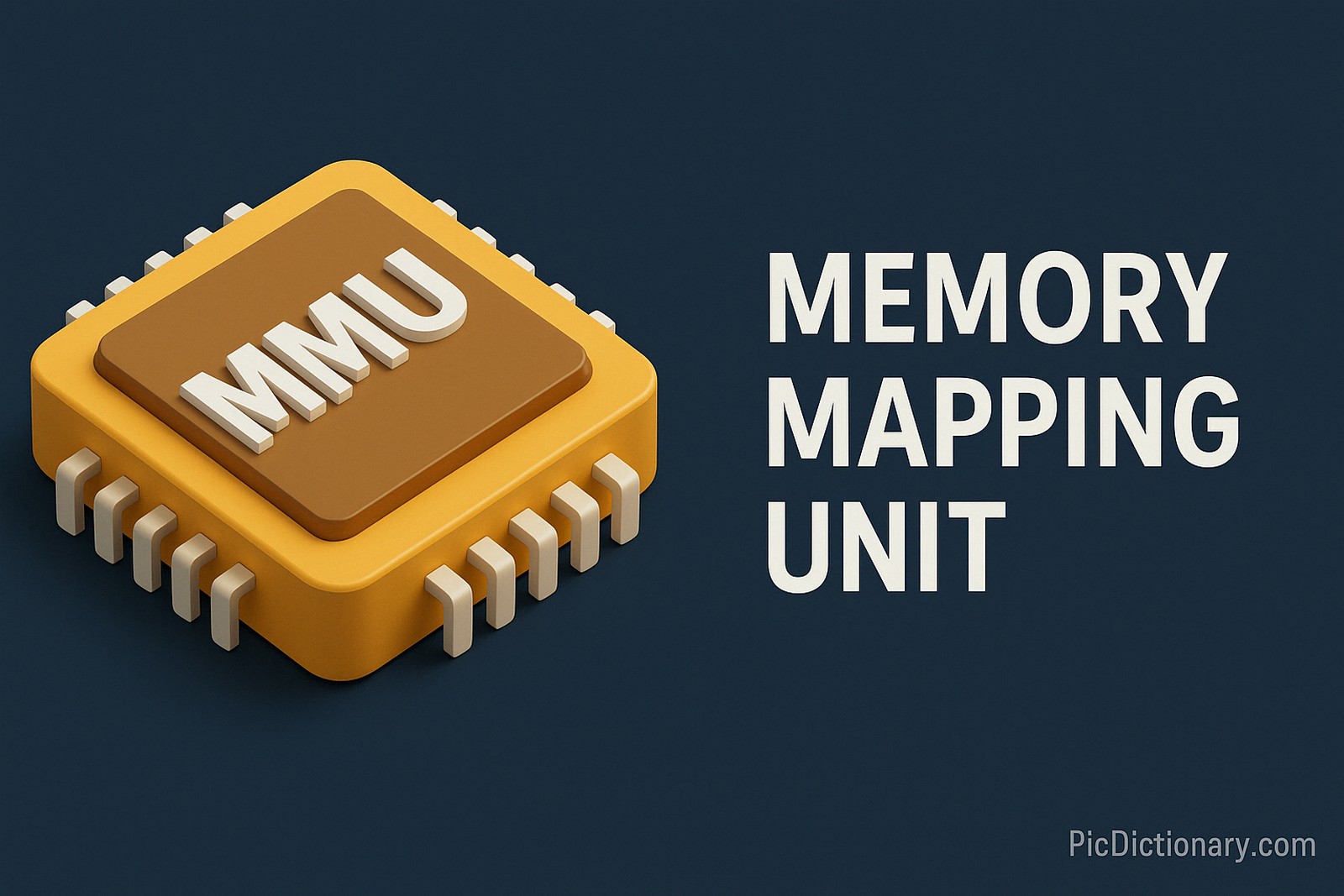 A 3D-rendered digital illustration features a Memory Mapping Unit (MMU) microchip in golden yellow with white pins on a dark blue background. The chip has "MMU" prominently labeled in white, and the words "MEMORY MAPPING UNIT" appear in bold capital letters to the right. 