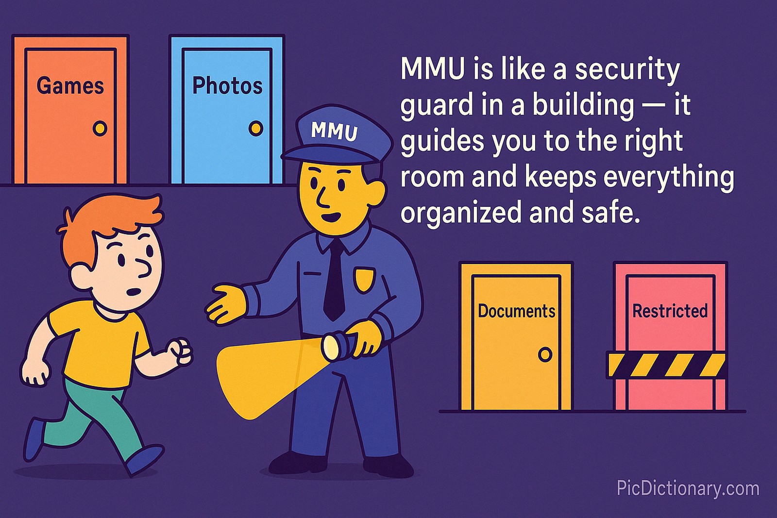 A flat-style digital illustration shows a child in a hallway guided by a security guard labeled "MMU" toward doors marked "Games," "Photos," and "Documents," while keeping them away from a "Restricted" door. The scene uses a dark purple background, with clear explanatory text: "MMU is like a security guard in a building — it guides you to the right room and keeps everything organized and safe.