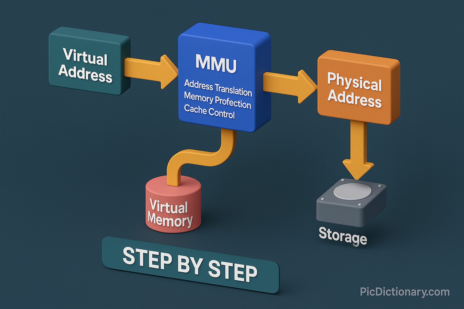 A 3D-rendered infographic explains the Memory Mapping Unit (MMU) process on a dark teal background. It features labeled blocks with arrows showing step-by-step flow: "Virtual Address" flows into the "MMU" block (which includes sub-labels: Address Translation, Memory Protection, Cache Control), which then branches to both "Virtual Memory" and "Physical Address." The physical address links to "Storage."