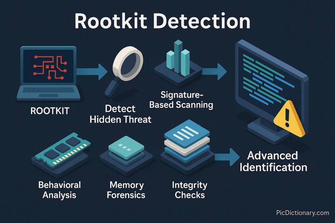 A 3D isometric infographic titled "Rootkit Detection" visually outlines the rootkit identification process. On a dark blue background, it begins with a laptop labeled "ROOTKIT," followed by a magnifying glass marked "Detect Hidden Threat." Next is a bar chart icon labeled "Signature-Based Scanning," branching downward to three boxes labeled "Behavioral Analysis," "Memory Forensics," and "Integrity Checks." Finally, an alert symbol appears on a monitor labeled "Advanced Identification." Arrows clearly direct the workflow, and all elements are labeled. 