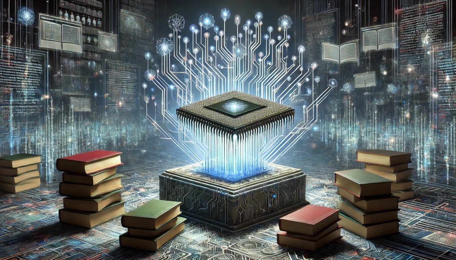 Illustration of interconnected computer chips emitting a blue and white glow, surrounded by stacks of books and digital panels displaying text, representing the extensive knowledge and capabilities of an AI language model.