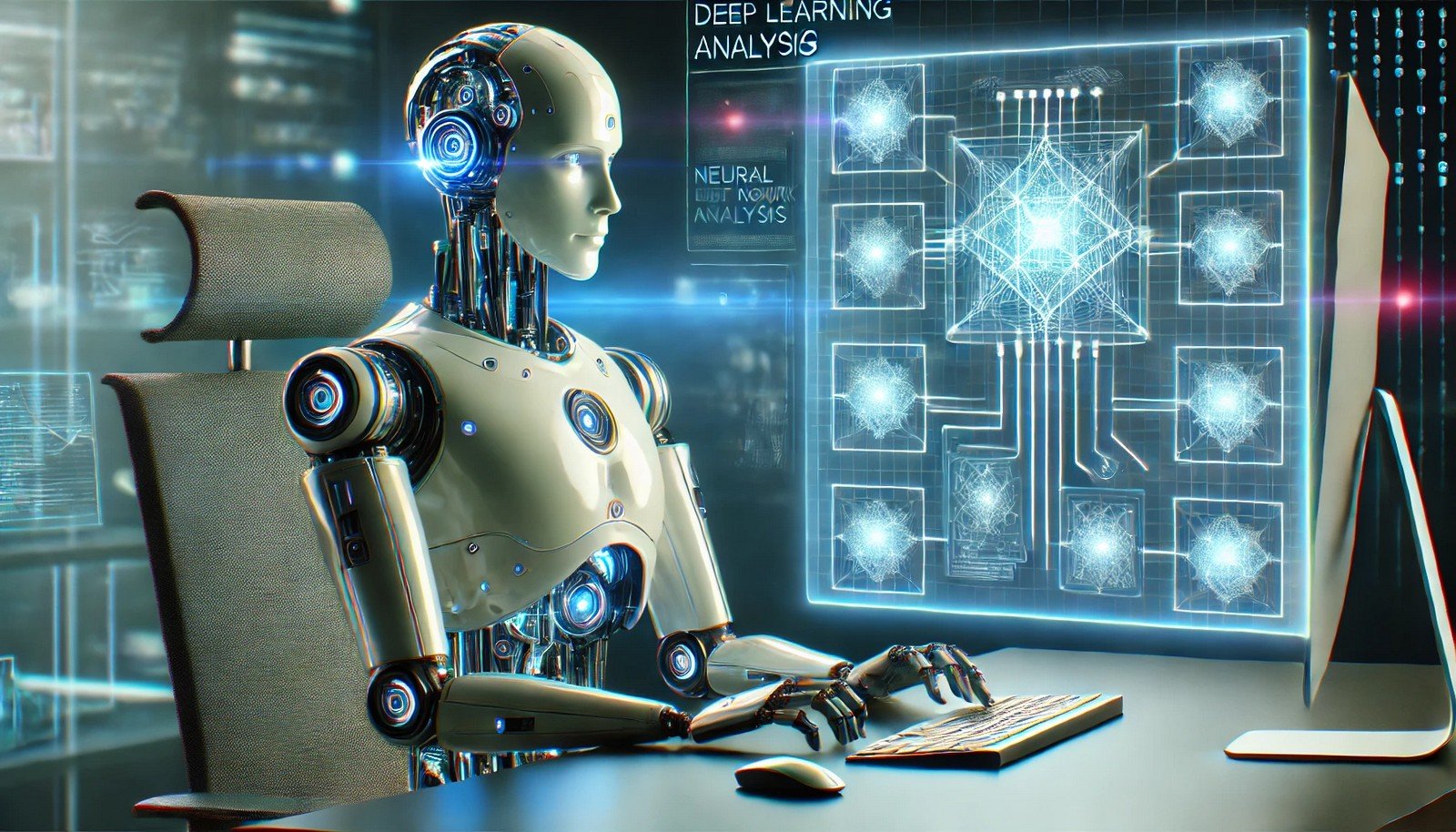 A futuristic robot at a computer, engaged in deep learning analysis with glowing circuits and a holographic interface displaying neural network diagrams and data flow. The background shows an advanced technology lab with subtle digital data streams.