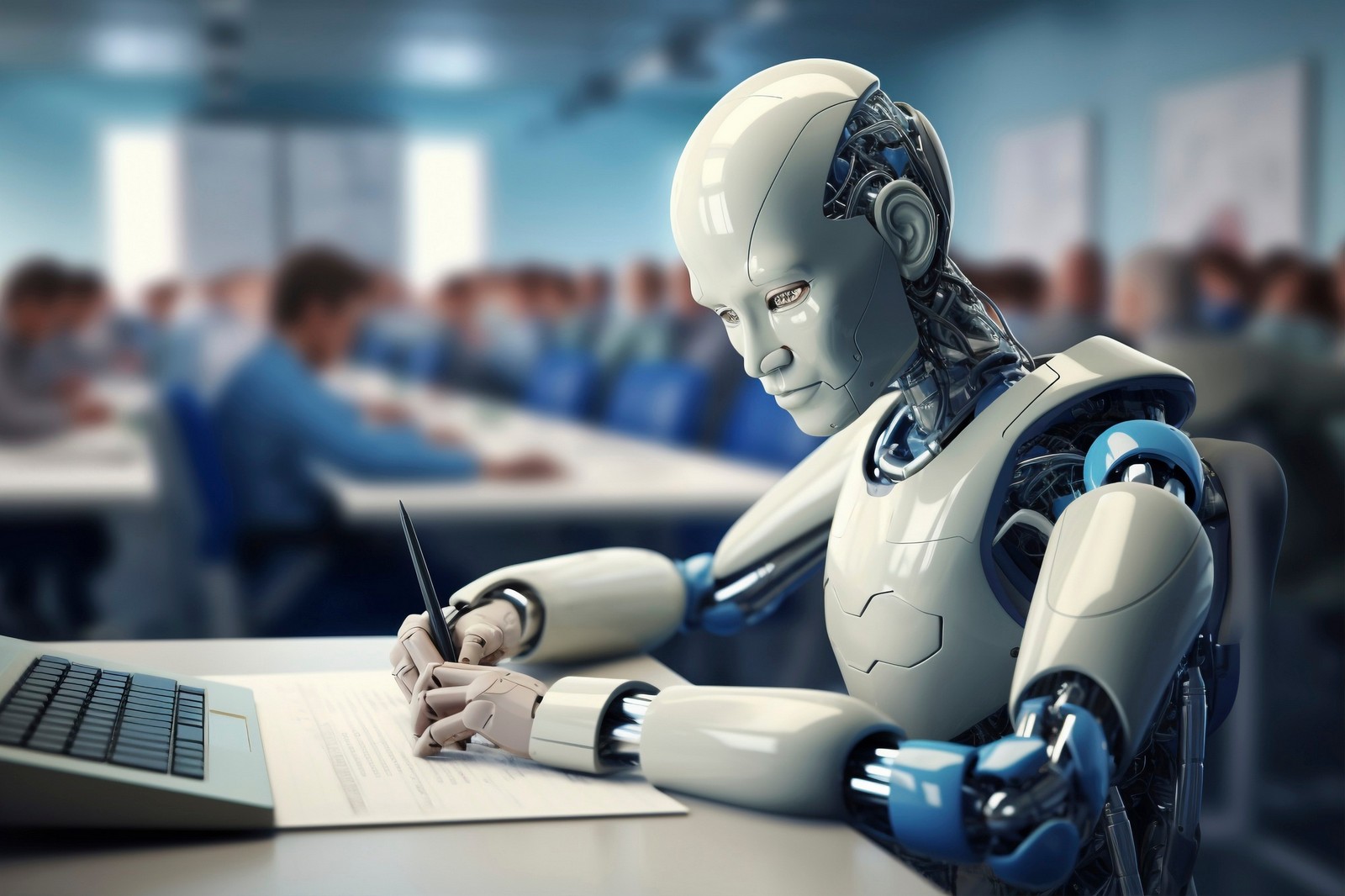 A humanoid robot writing on a paper in a classroom setting, surrounded by students in the background, symbolizing artificial intelligence and machine learning in education and learning environments.