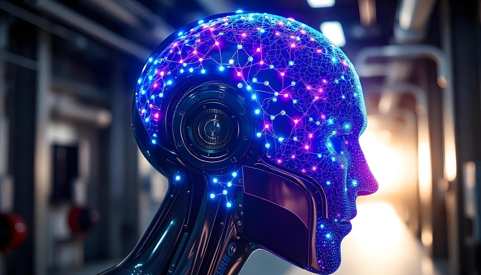 Futuristic robotic head with illuminated neural network connections displayed as glowing blue and pink nodes interconnected by intricate, lighted pathways, set in a modern, industrial background.