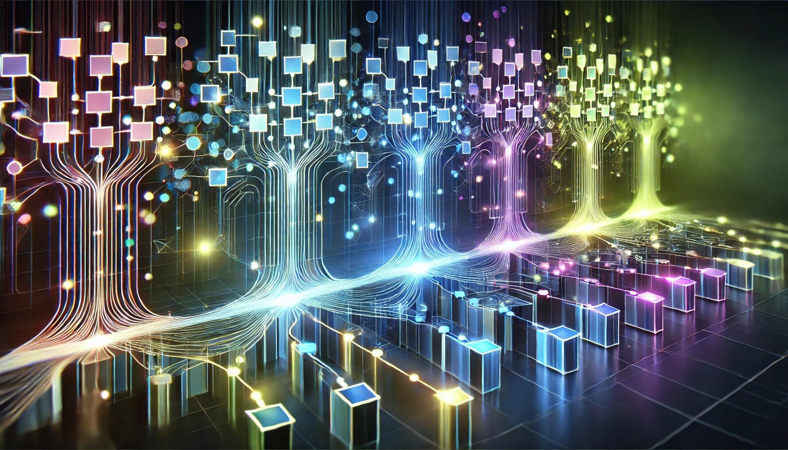 An abstract digital illustration showing data transformation across multiple layers from left to right in a neural network. Each layer is represented by connected structures with illuminated lines, showcasing data packets changing in shape and color as they progress. The illustration uses a vibrant color scheme of blues, greens, and purples, emphasizing the concept of data flow and transformation.