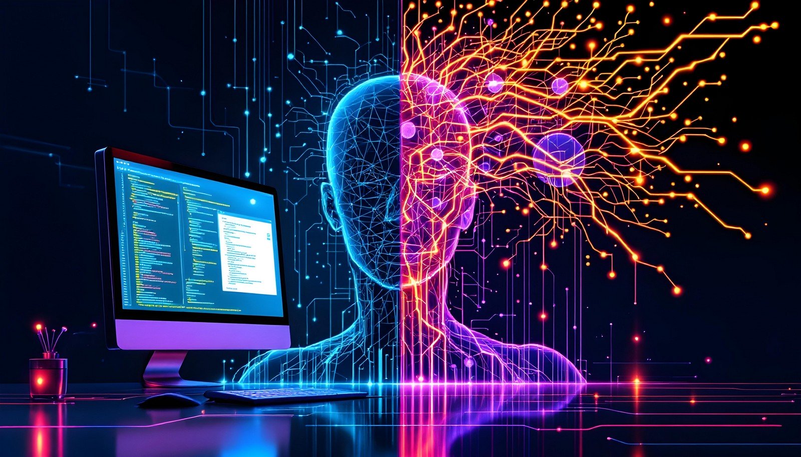 A futuristic digital illustration showcasing the integration of AI and technology. The image features a computer screen displaying code, juxtaposed with a human head split down the middle. One half represents a digital, blue-hued network with circuit patterns, while the other half is a bright, orange web of neural connections, symbolizing artificial intelligence and data processing. The background is a blend of circuit designs, emphasizing a high-tech environment.