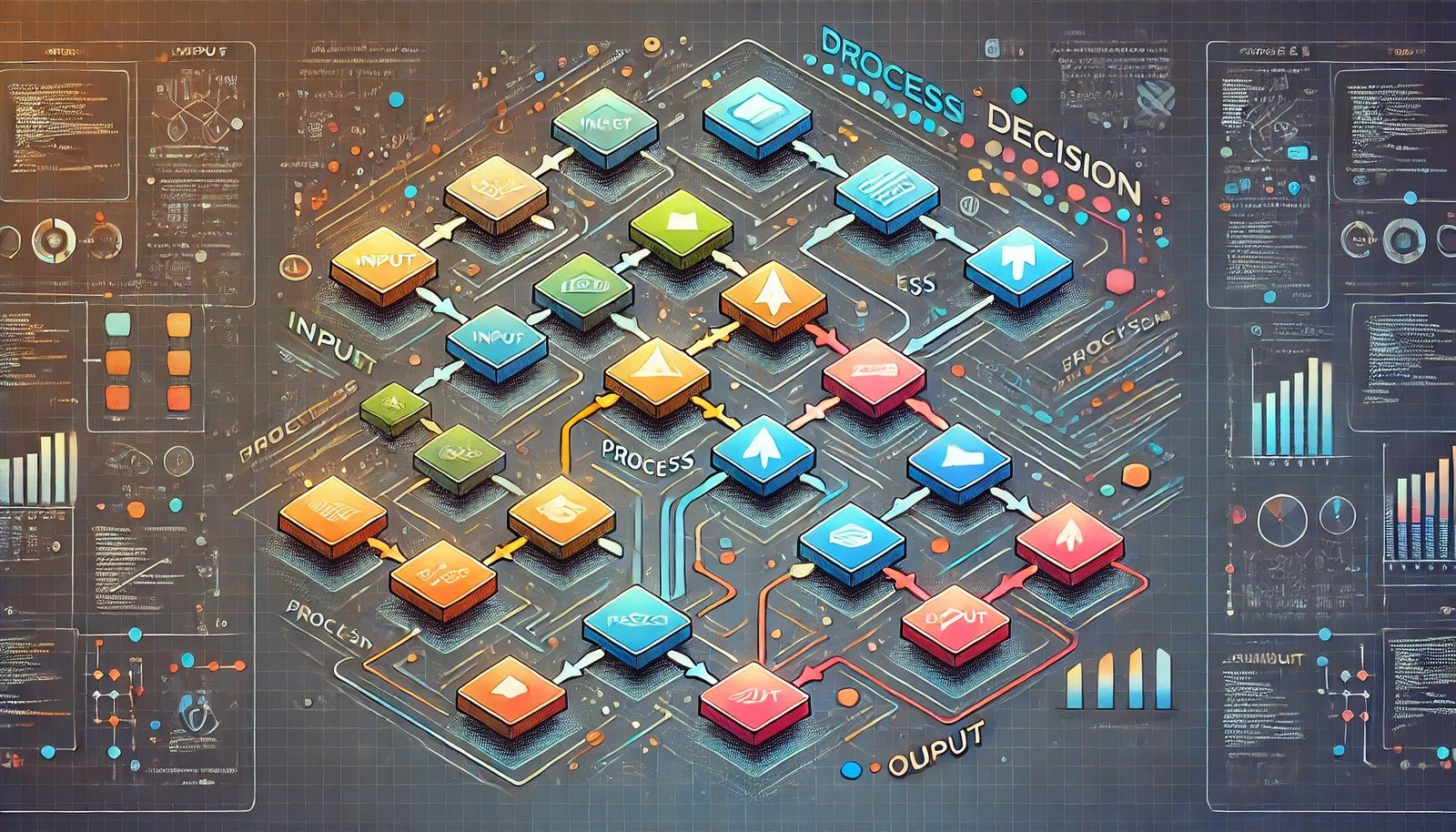 Illustrative flowchart diagram of a computer algorithm, showcasing a series of interconnected steps represented by colorful square blocks. The diagram follows a structured flow from 'Input' through various 'Process' stages, leading to 'Decision' points, and ending at 'Output'. Each block is color-coded with arrows indicating the flow direction, set on a grid-like background with additional data elements like charts and code snippets surrounding the main flowchart. This design emphasizes the systematic progression of a complex algorithm, ideal for visualizing data processing and decision-making pathways in computing.