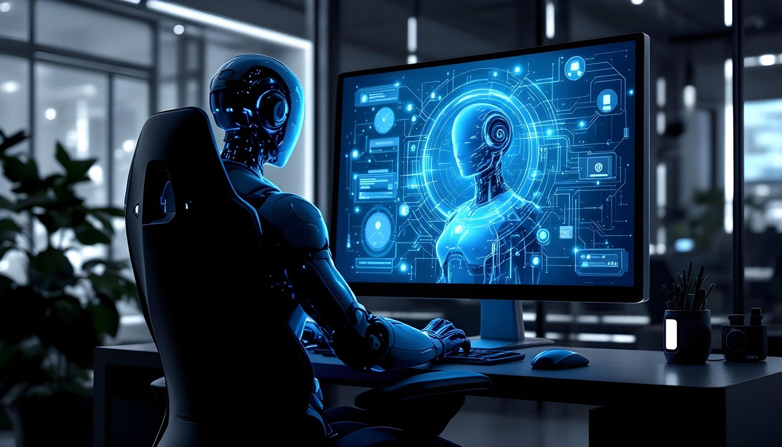 A futuristic AI robot sitting at a desk, interacting with a computer screen displaying a digital, humanoid interface with data visualization elements in a modern, dimly lit office setting.