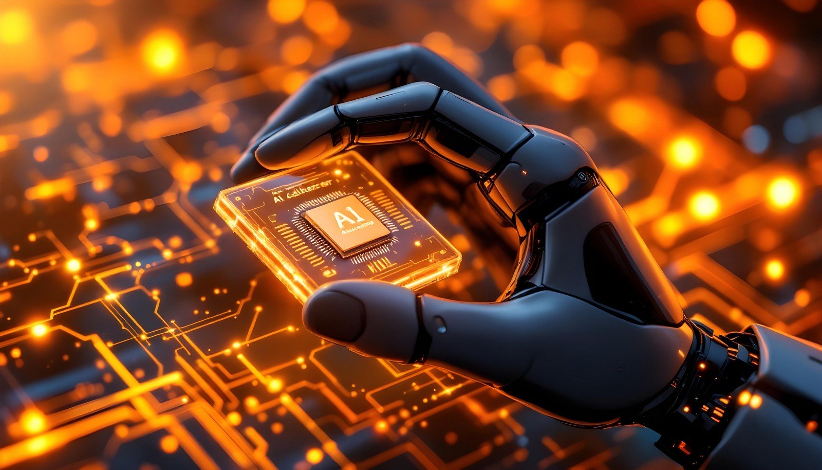 A robotic hand holding an AI accelerator chip, glowing with integrated circuits in a futuristic, illuminated orange and black background, symbolizing advanced technology and high-speed processing.