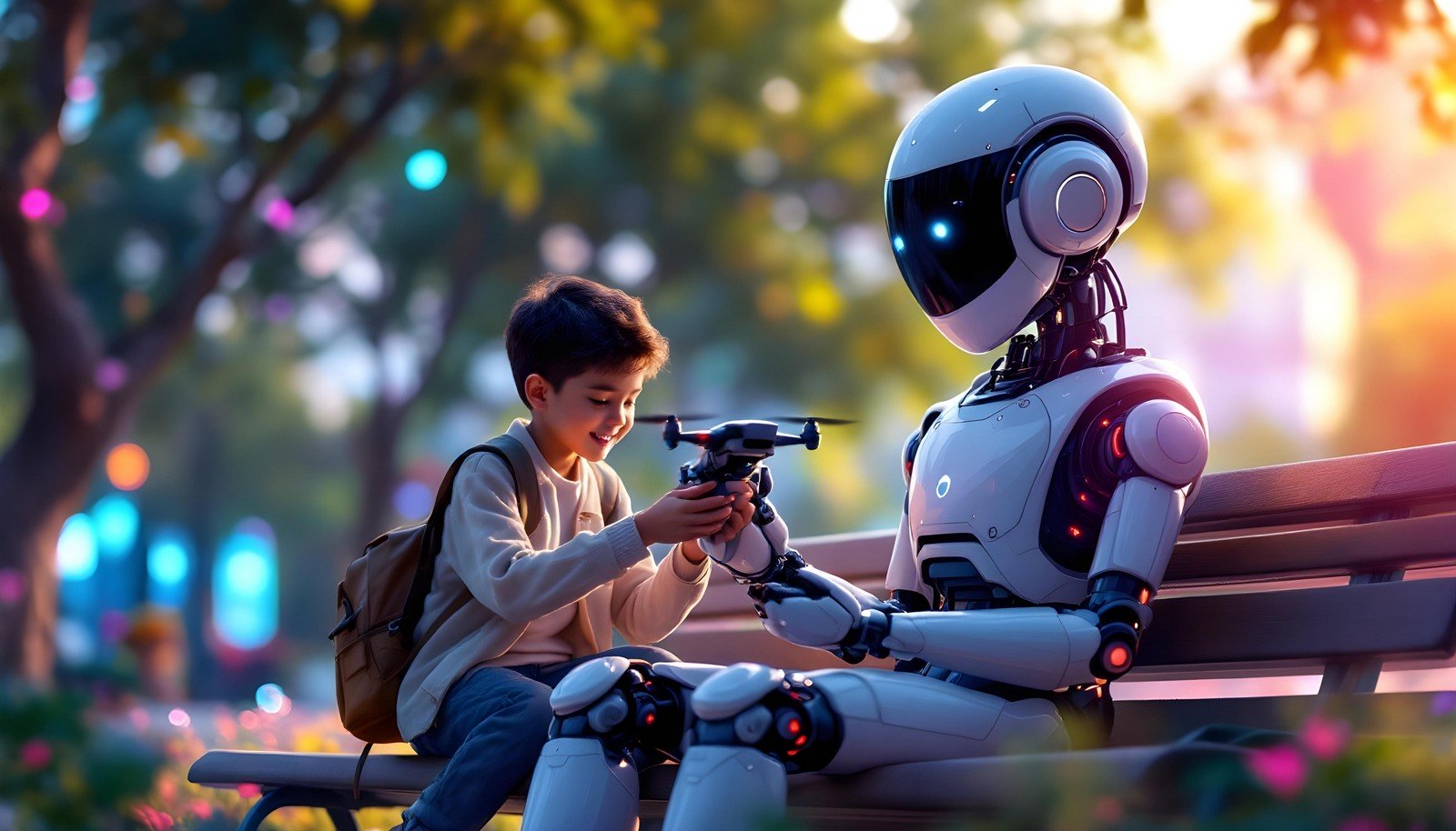 A futuristic illustration depicting a friendly humanoid robot sitting on a park bench with a young boy. The boy is happily holding and showing a small drone to the robot, symbolizing the harmonious interaction between human and artificial intelligence in a colorful, outdoor setting.