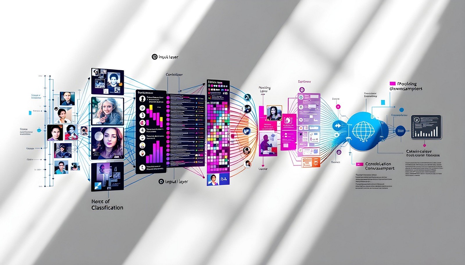 A modern, detailed infographic showing the architecture and flow of a Convolutional Neural Network (CNN). The image features various connected components such as the input layer, feature extraction using convolutional and pooling layers, followed by classification layers. It includes visual data such as faces and graphical charts to illustrate how CNNs process images and extract features step-by-step, highlighting the network's structure and data flow pathways.