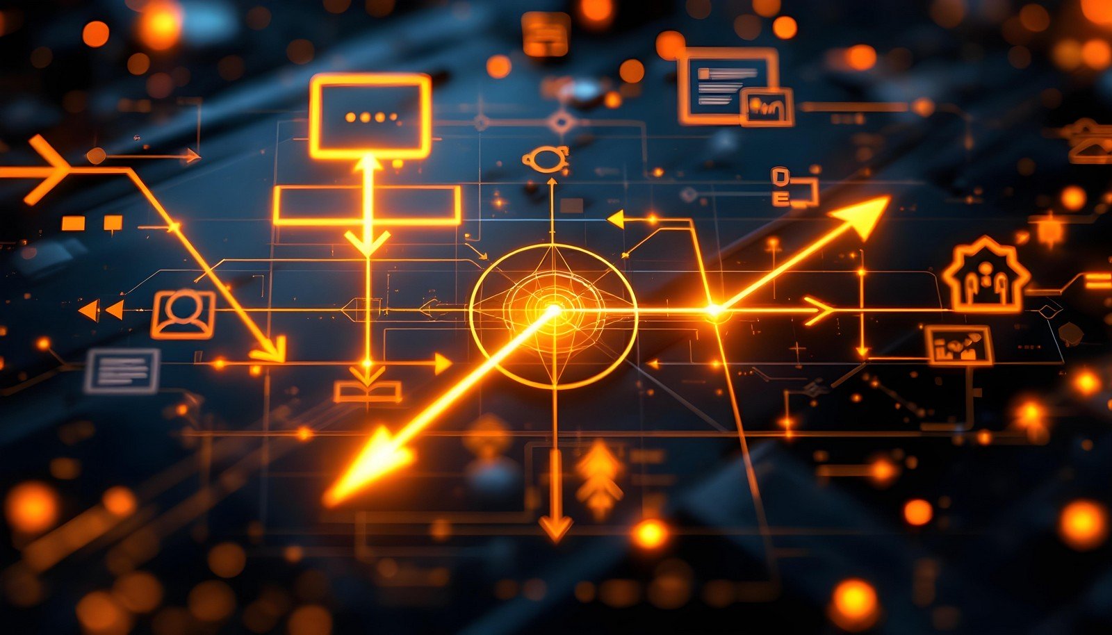 Abstract digital illustration of a self-attention mechanism concept, featuring glowing orange lines, interconnected nodes, and data flow symbols representing the complex processing in machine learning models.