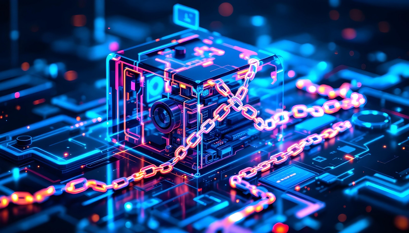 A futuristic digital illustration depicting a secured technology concept, featuring a glowing cube surrounded by neon circuits and chains symbolizing data security and connected systems.