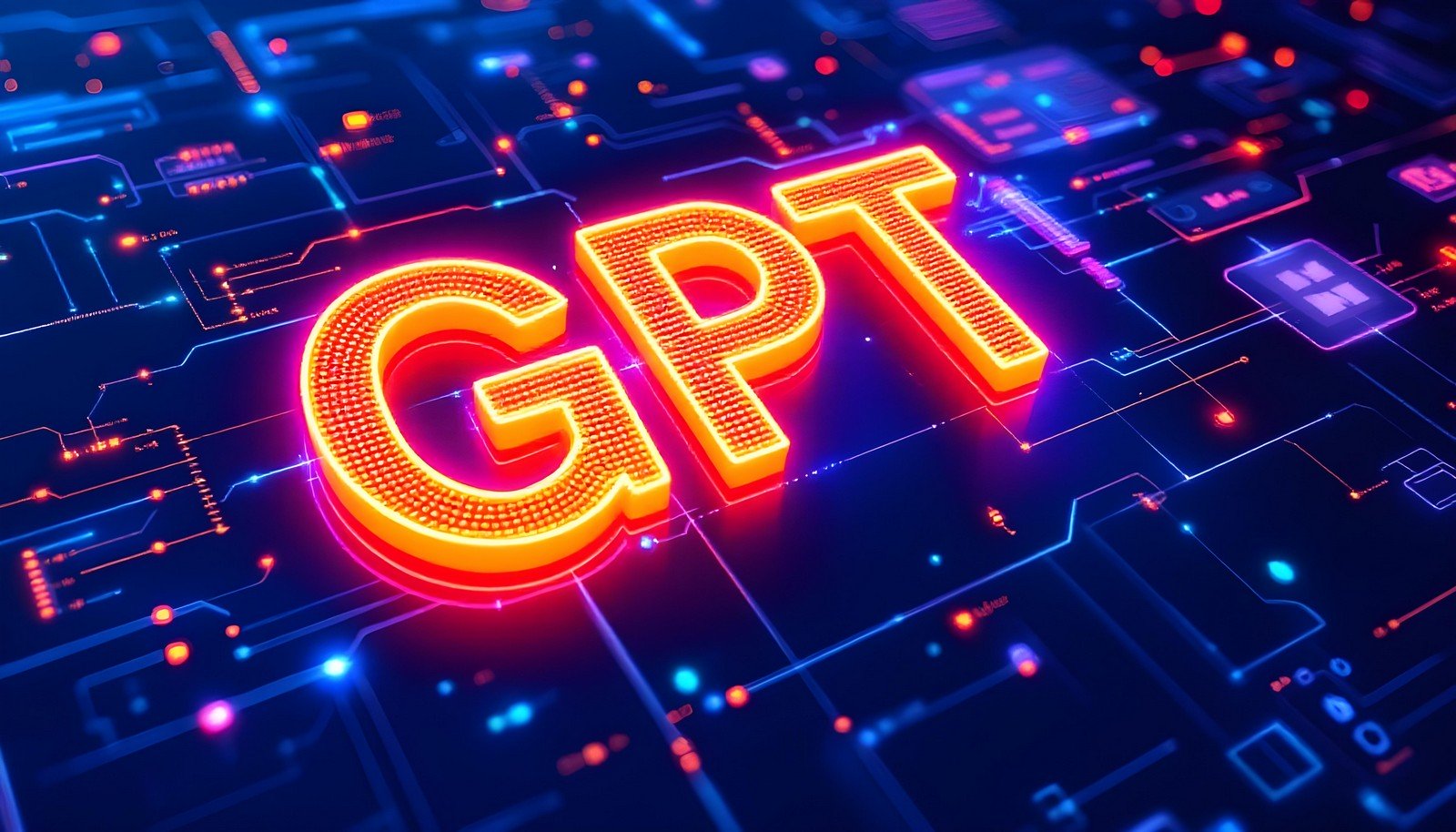 Illustration of the letters 'GPT' in a modern, neon-style 3D format, set against a dark background with interconnected digital circuit lines and glowing nodes.