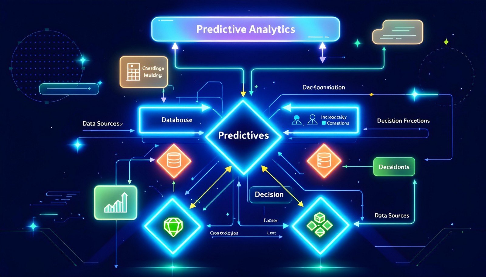 An illustrative flowchart depicting the process of predictive analytics, including elements such as data sources, databases, decision-making factors, and the integration of machine learning algorithms for data-driven insights.