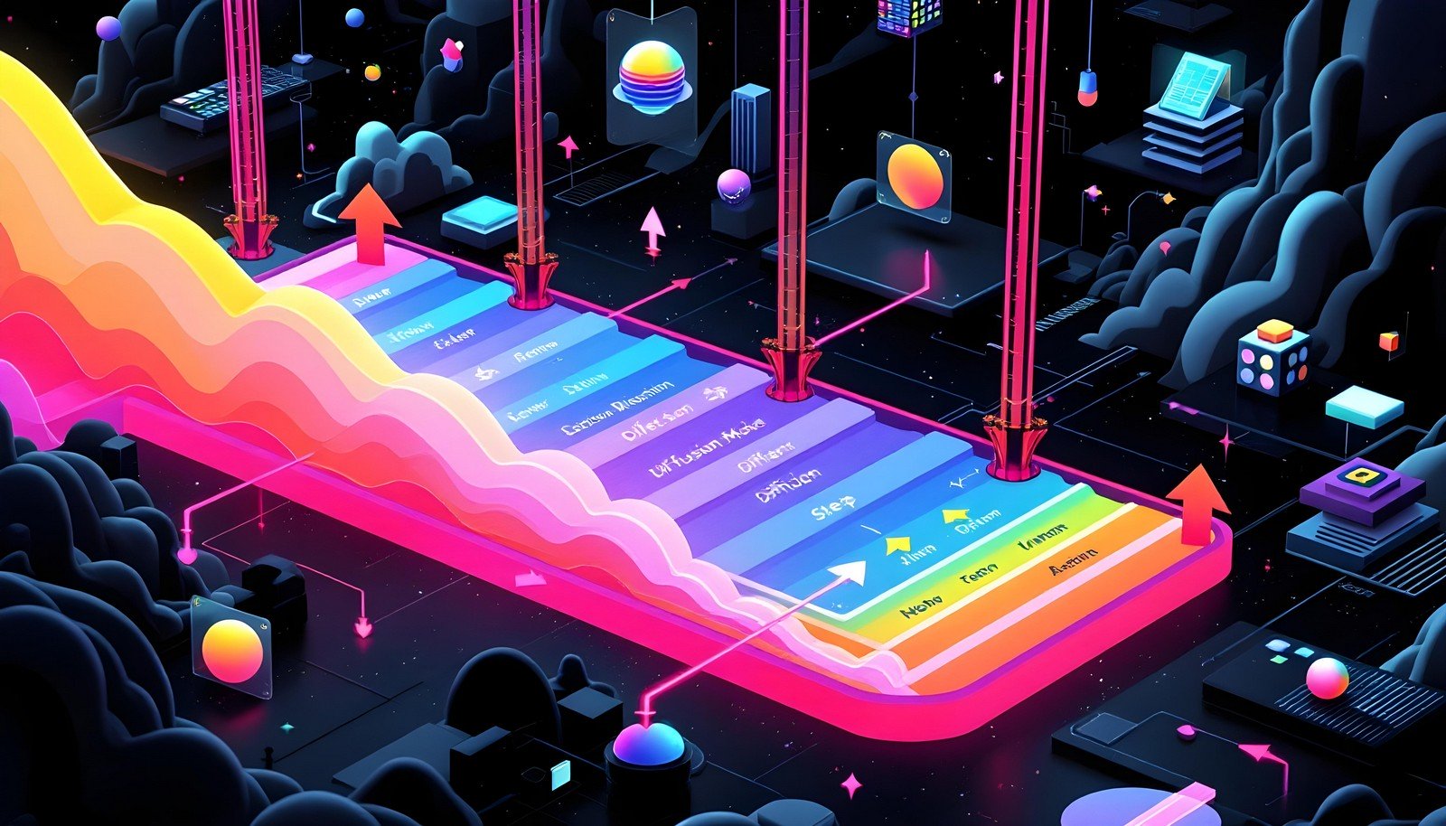 A vibrant, futuristic illustration showcasing a complex, multi-layered digital process involving diffusion models and algorithms, depicted with neon color gradients, arrows, and various abstract data representations, set against a dark, space-like background.