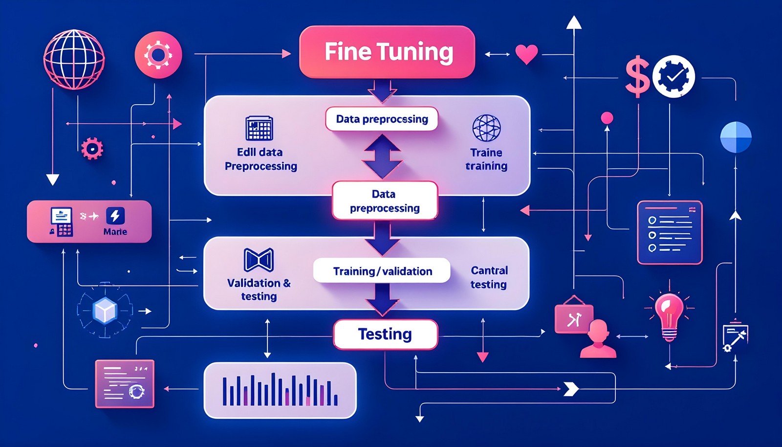 Flowchart illustrating the fine-tuning process in machine learning, showing interconnected stages such as data preprocessing, training/validation, and testing, with visual icons representing related activities like data editing, training, and evaluation.