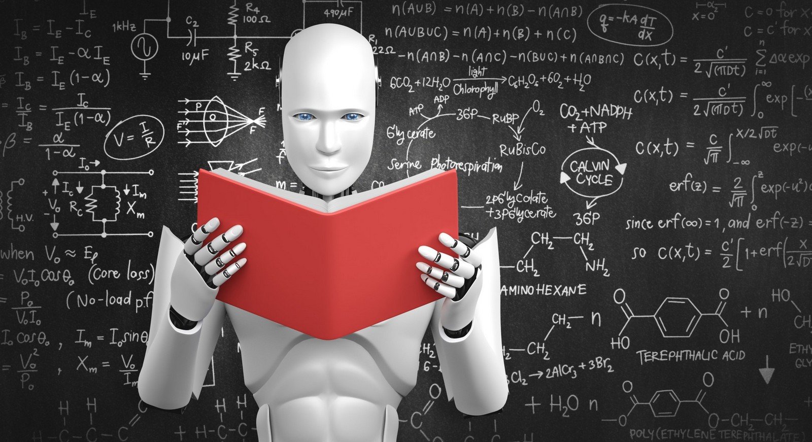 A humanoid robot with white metallic skin and blue eyes is holding a red book and appears to be reading it. Behind the robot, a blackboard filled with complex scientific and mathematical formulas, including electrical circuits and chemical structures, creates a backdrop suggesting an educational or scientific setting. The robot's hands and fingers are detailed with metallic joints, emphasizing its artificial nature in contrast to its human-like form.