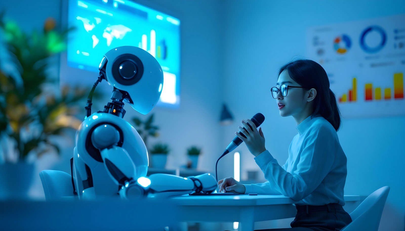 Young woman using a microphone to interact with a humanoid robot in a modern office setting, surrounded by digital screens displaying data and charts, illustrating AI speech recognition technology in action.