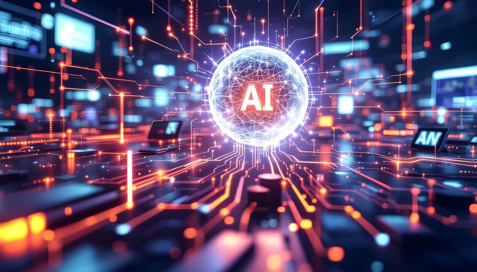 A futuristic visualization of AI inference, showing a glowing sphere labeled 'AI' at the center, surrounded by neural network-like connections. Data streams and digital pathways spread out in vibrant orange and blue, symbolizing real-time data processing and analysis. The background includes various screens and devices, depicting the integration of AI across multiple technologies and applications.