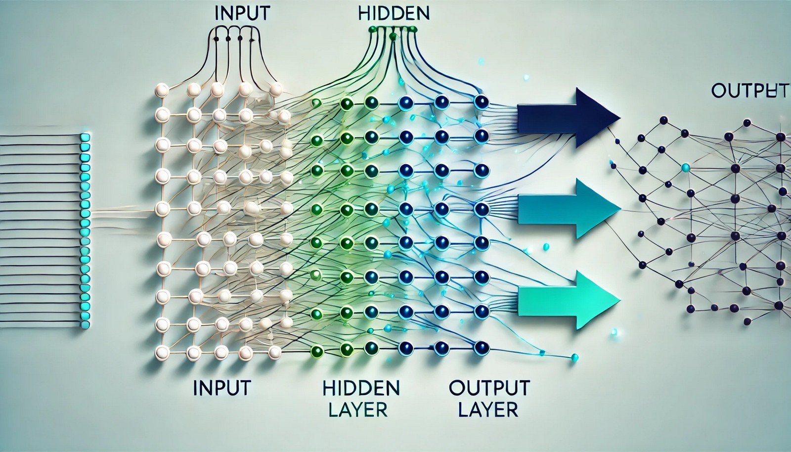 Conceptual illustration of forward propagation in a neural network. The image shows a series of circles, representing neurons, organized in layers from left to right. Each layer is connected by arrows pointing rightward, symbolizing the flow of data. The leftmost layer is smaller, labeled as the input layer, feeding into a larger hidden layer in the center, which then connects to an output layer on the right. The colors are a gradient of blues and greens, giving a modern, high-tech feel on a simple, light background.