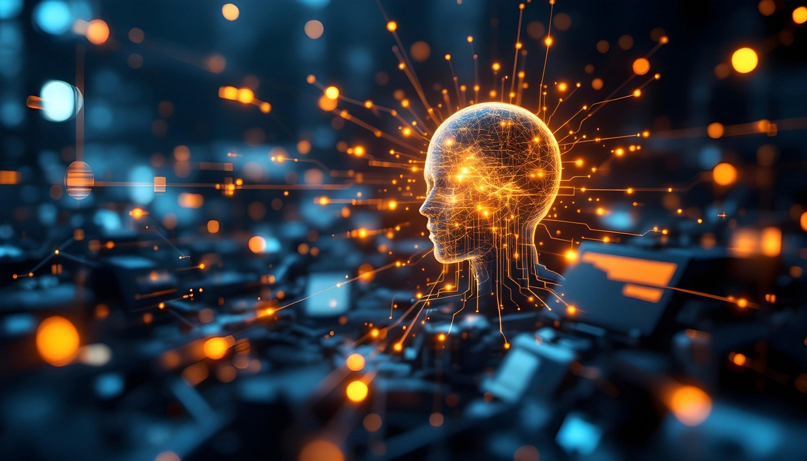 Futuristic illustration of computational neuroscience with a glowing human head outline filled with neural networks and connections, represented by orange and yellow nodes and lines. The head is surrounded by a dark, blurred background of interconnected circuitry, evoking a high-tech and scientific environment.