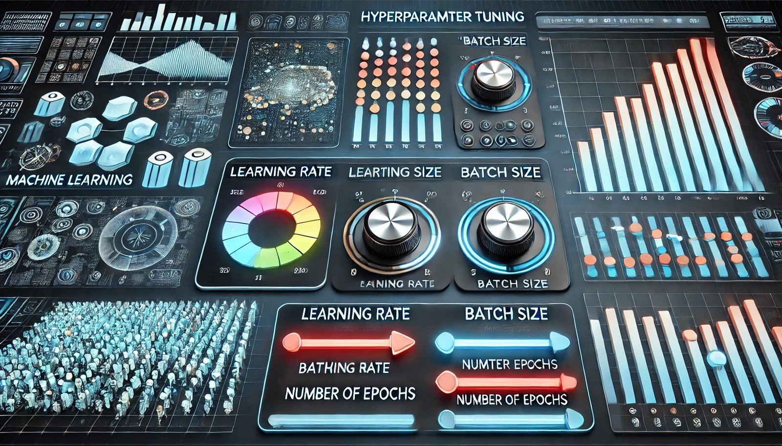 Illustration of hyperparameter tuning in machine learning, showing a digital interface with sliders labeled 'learning rate,' 'batch size,' and 'number of epochs,' alongside data charts and graphs in the background, symbolizing the tuning process. The design has a high-tech, modern aesthetic with bright colors for easy understanding.