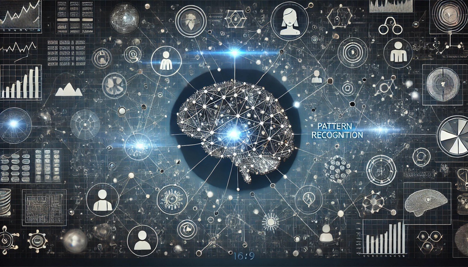 Illustration of pattern recognition with a digital brain at the center, connected to clusters of data points representing various real-world data, including facial icons, medical symbols, and financial charts. The background is a deep blue, evoking a high-tech and futuristic feel, with neural network lines and nodes symbolizing data processing and pattern identification.