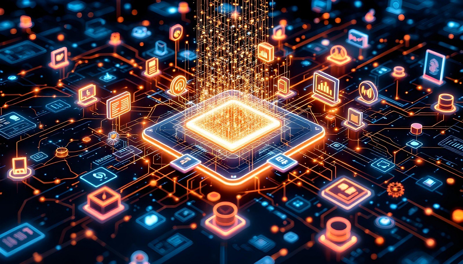 Futuristic digital illustration of a Foundation Model concept in artificial intelligence. A glowing central processor or chip is surrounded by interconnected nodes and lines, representing data and digital connectivity. Around the processor are icons symbolizing various data types like charts, documents, and communication, highlighting the model’s capability to process diverse data inputs. The vibrant neon colors in orange and blue give the image a high-tech, modern feel, emphasizing the complexity and versatility of the Foundation Model