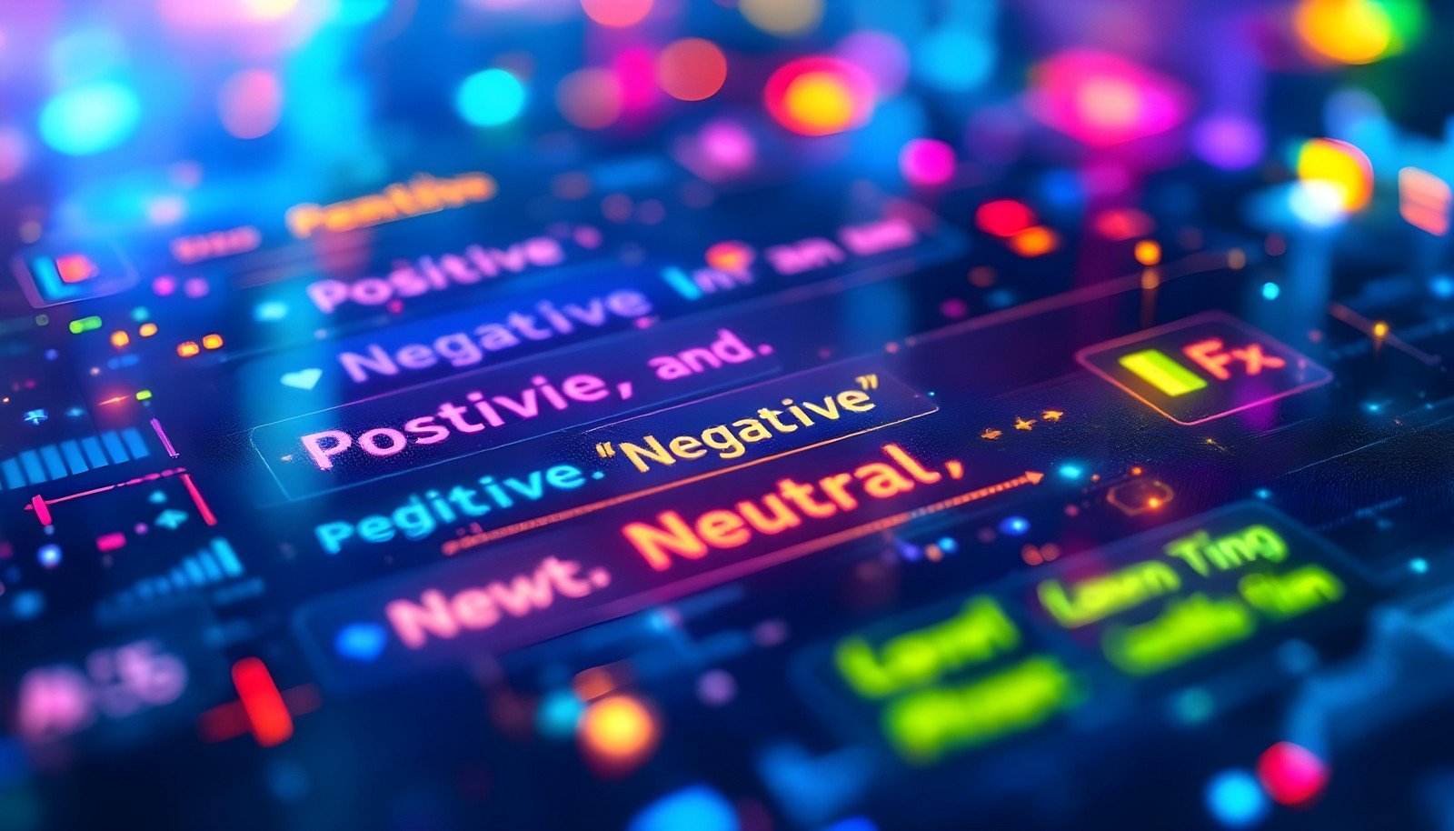 A vibrant, modern-style digital illustration depicting Sentiment Analysis. The image shows text snippets labeled with sentiments such as 'Positive,' 'Negative,' and 'Neutral' in neon colors against a dark background. Bright, colorful highlights and icons are used to emphasize the analysis of text sentiment, creating a futuristic and visually engaging interface. The overall look is detailed and dynamic, representing the processing of emotions and opinions in text through advanced technology.