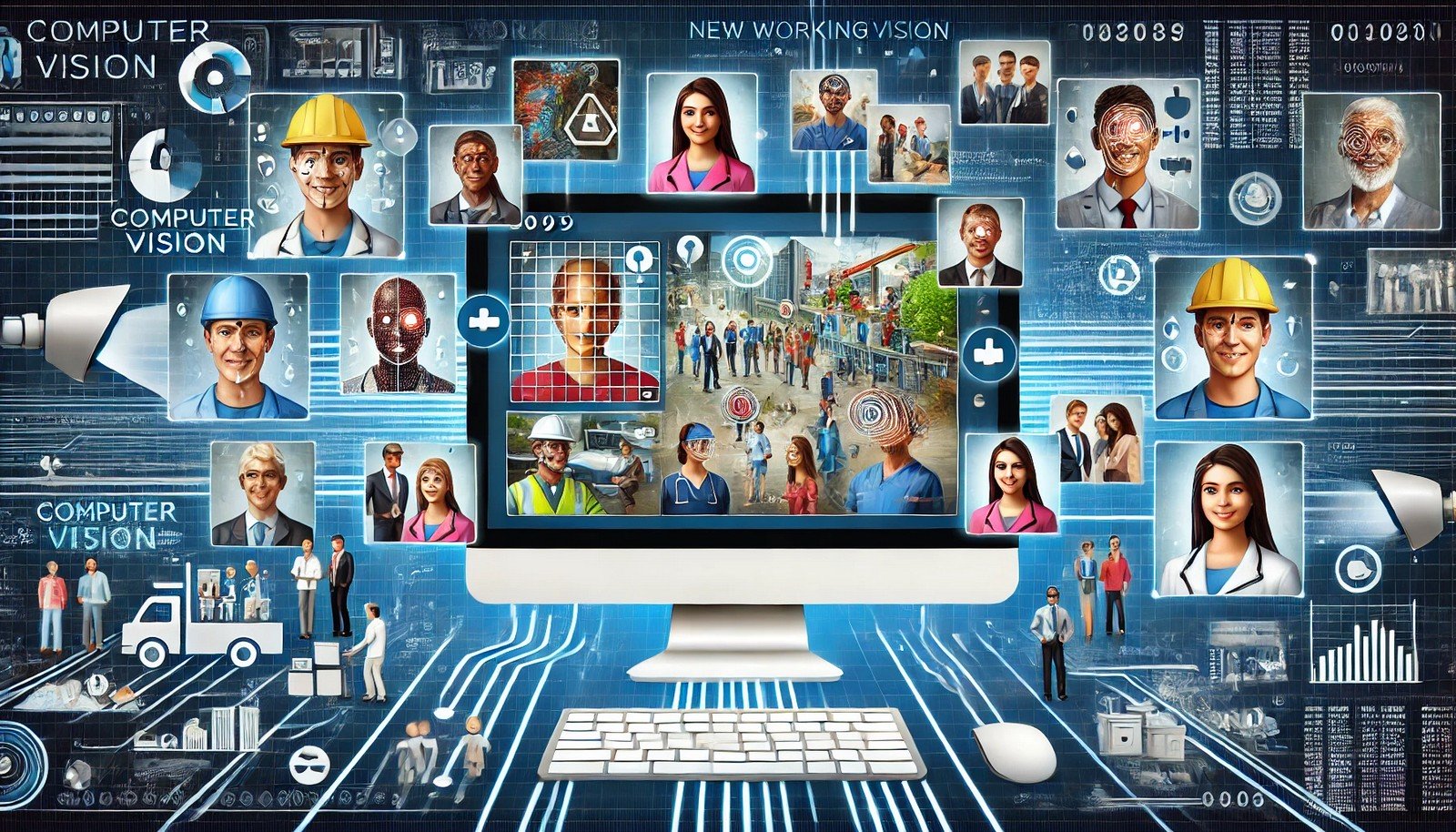 Illustration of computer vision in action, showing a computer screen analyzing images of working people from diverse industries, including healthcare, construction, technology, and retail. Faces and specific actions are highlighted, with digital patterns and data flow lines symbolizing real-time data analysis and recognition in various professional settings.