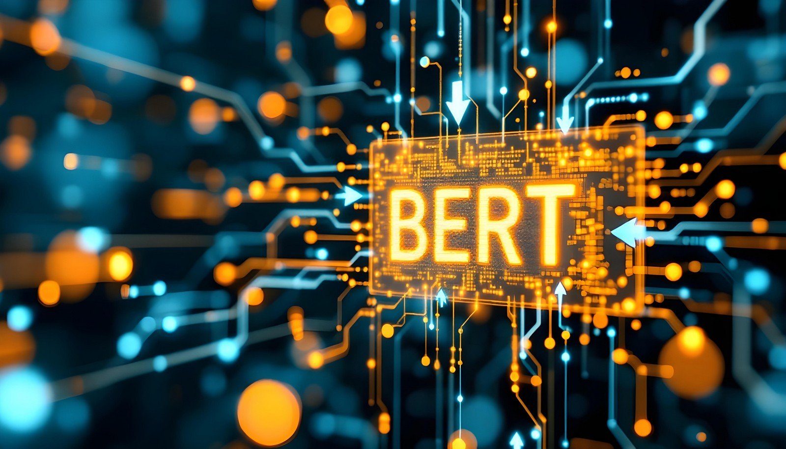 Digital illustration showing the word 'BERT' at the center with interconnected circuits and nodes symbolizing data flow. Arrows point bidirectionally, indicating the bidirectional nature of the BERT model. The background has an abstract digital theme with orange and blue glowing points, representing neural network and artificial intelligence connections.