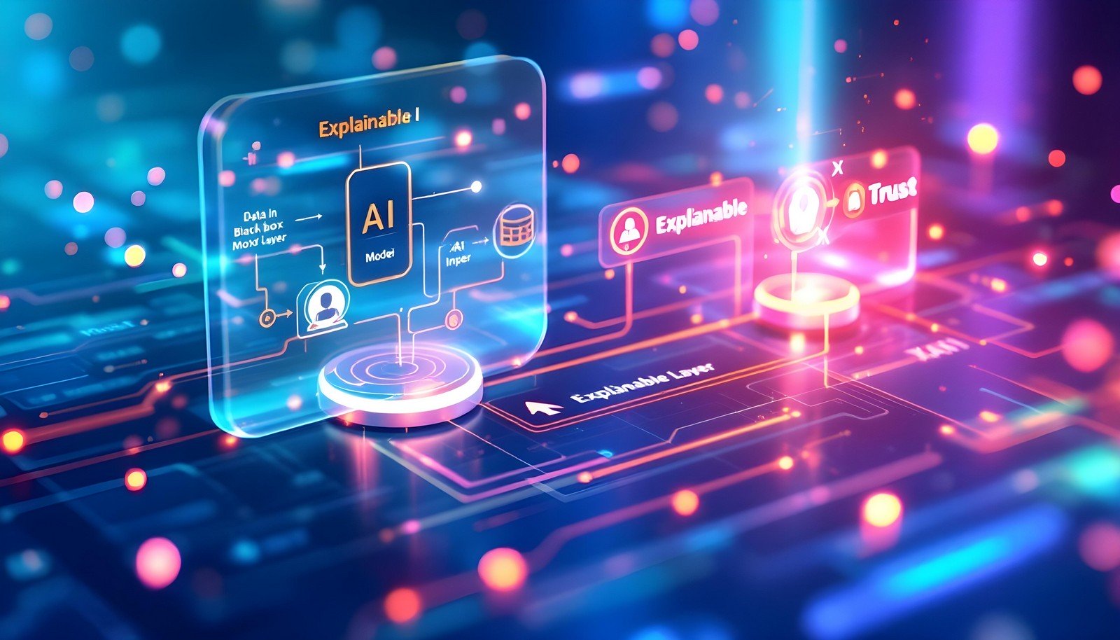 A modern, detailed illustration of Explainable AI (XAI) showcasing a visual flow of data processing through an AI model with an explainable layer. The image features elements labeled 'Data Input,' 'AI Model,' and 'Explainable Layer,' connecting to a 'Trust' symbol. The scene has a futuristic design with glowing neon lines and abstract digital effects, representing the transparency and interpretability of AI in decision-making.