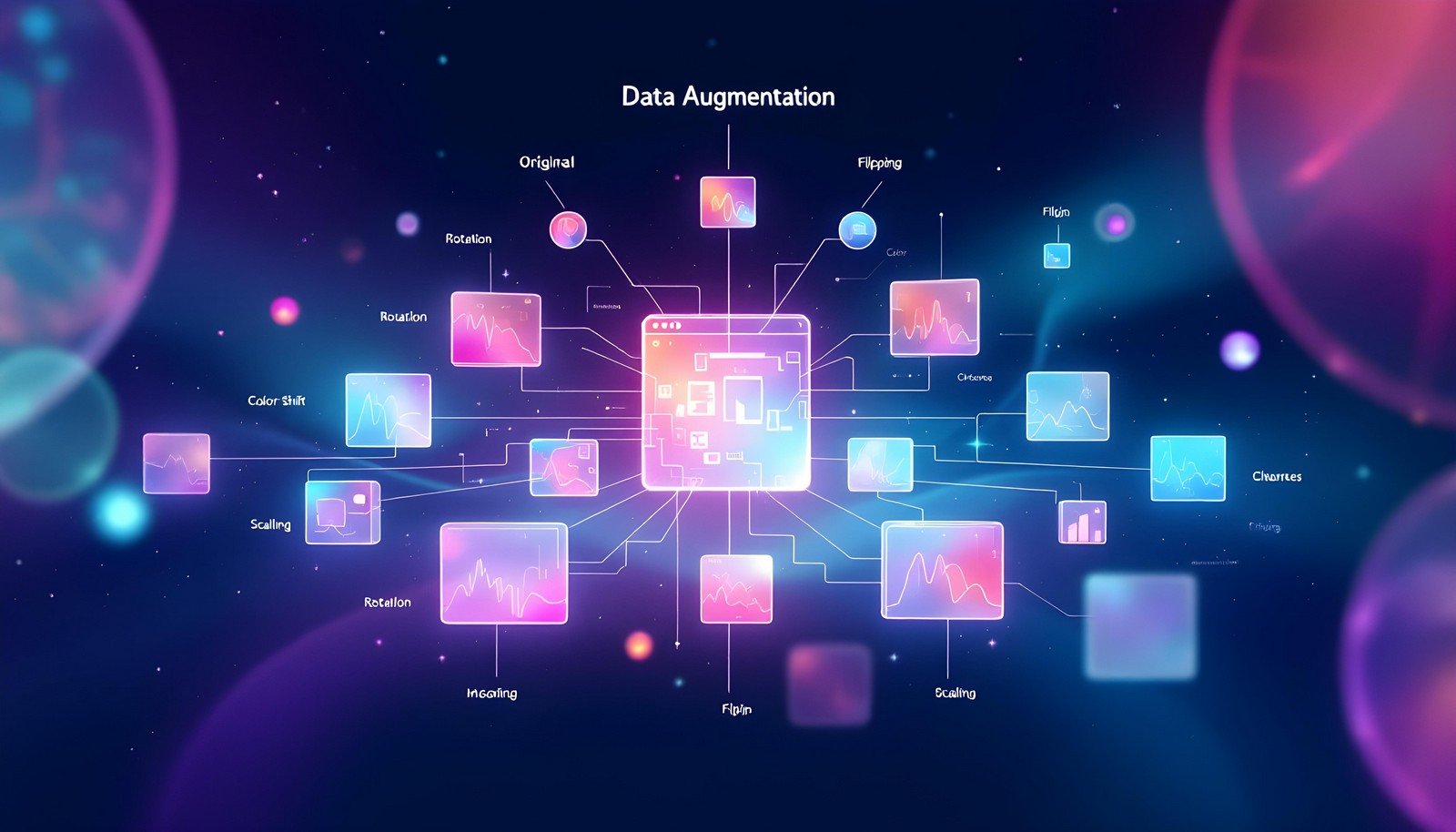 A modern, stylized data visualization illustration of the concept of Data Augmentation. The image shows a central data sample, with various branches leading to transformed versions of the sample. Each transformation is labeled with terms such as "Rotation," "Flipping," "Scaling," and "Color Shift," depicting different augmentation techniques. The background features a dark, digital theme with vibrant neon-like colors, emphasizing the connections and transformations. The layout is organized in a radial manner, highlighting the central data sample as the source of all augmentations.