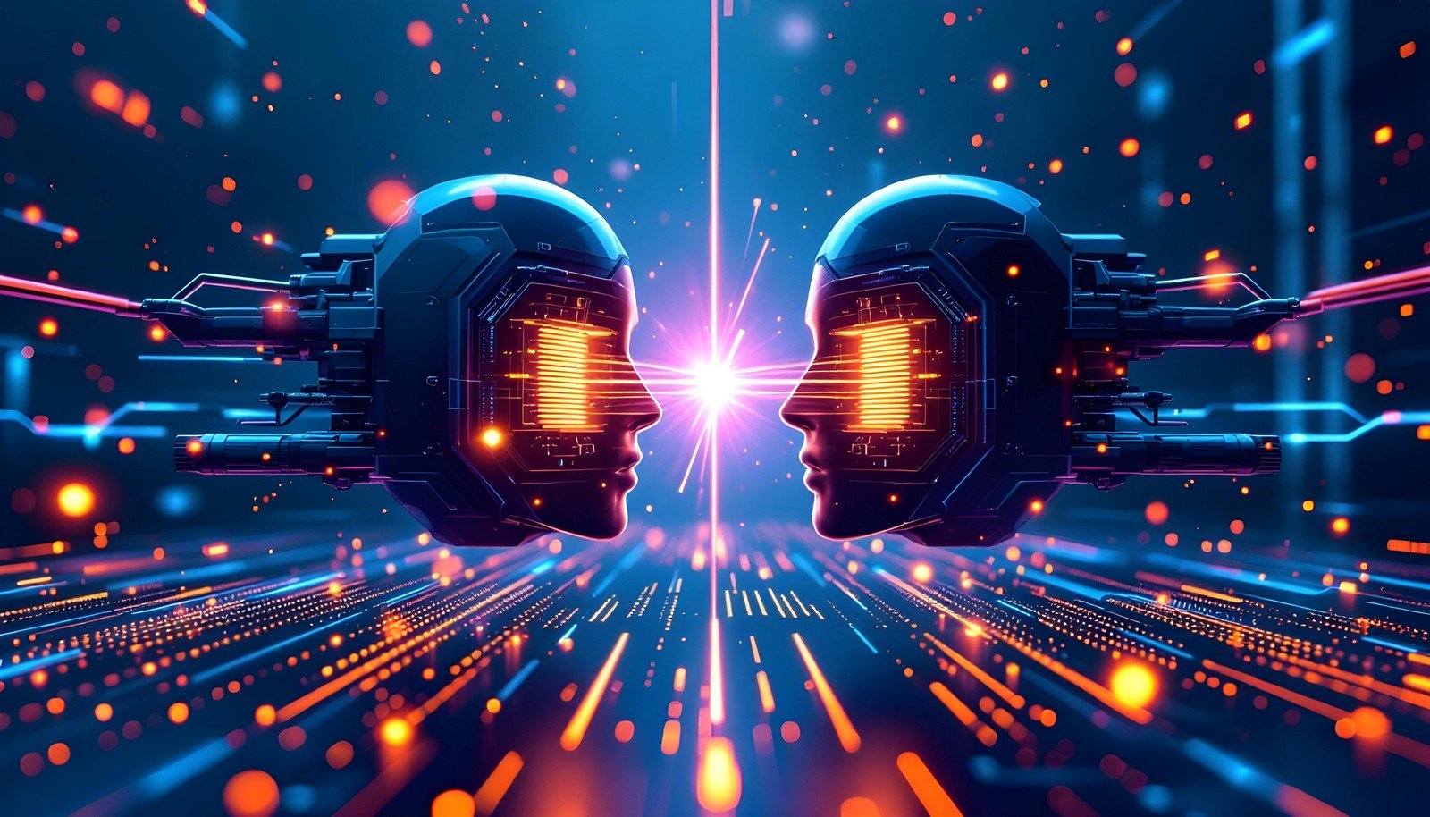 Futuristic 3D illustration of two robotic heads facing each other, symbolizing the concept of a General Adversarial Network (GAN). The heads, designed with intricate circuitry and digital components, emit a bright central light between them, representing the adversarial relationship between the generator and discriminator models. The background features a flow of glowing lines and particles, conveying a high-tech, data-driven atmosphere.