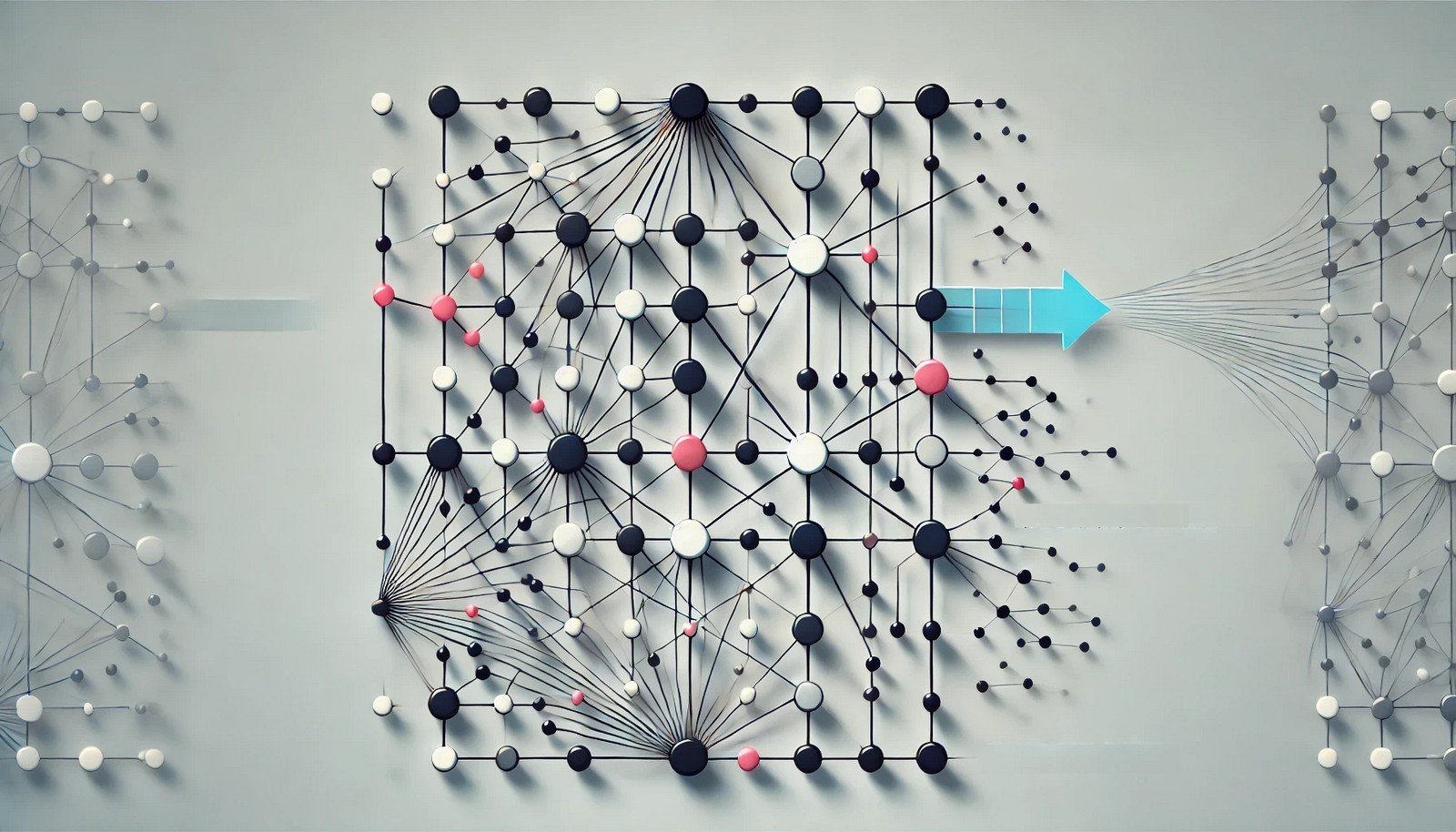 Illustration of a neural network depicting the concept of back propagation in AI. The network features multiple layers of interconnected nodes represented as circles, with a blue arrow indicating the flow of information from left to right. Some nodes are highlighted in red to signify the adjustment process during back propagation. The structure shows a complex web of connections, visually representing the flow of data and error correction across the layers to optimize neural network performance.