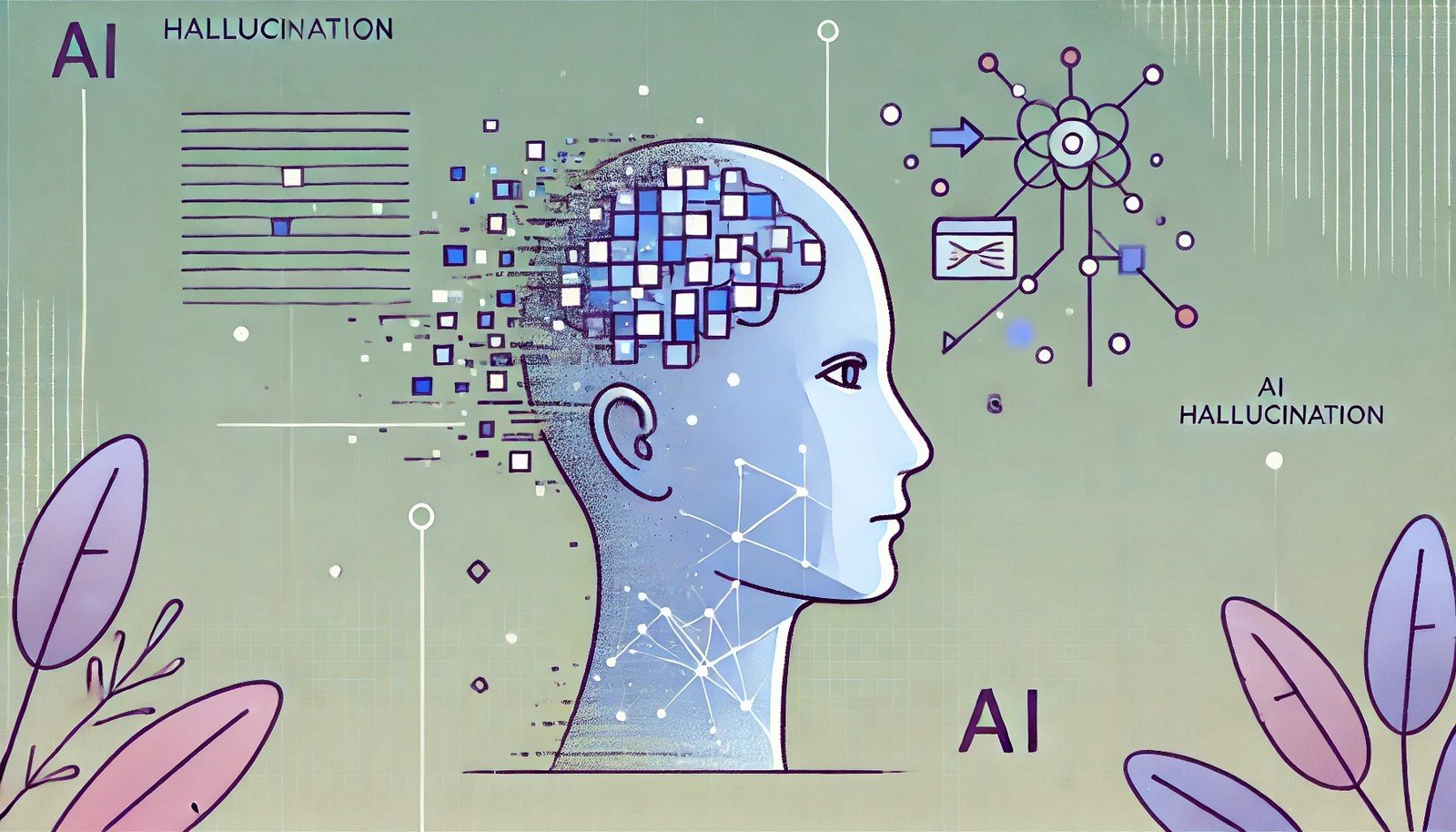 Concept illustration of AI Hallucination: a simplified digital face or AI brain with scattered data fragments. Some fragments appear clear, while others are blurred or distorted, symbolizing misinformation in AI. Minimal abstract network lines in the background add a sense of data processing, with slight glitch effects representing AI's occasional fabrication of information.