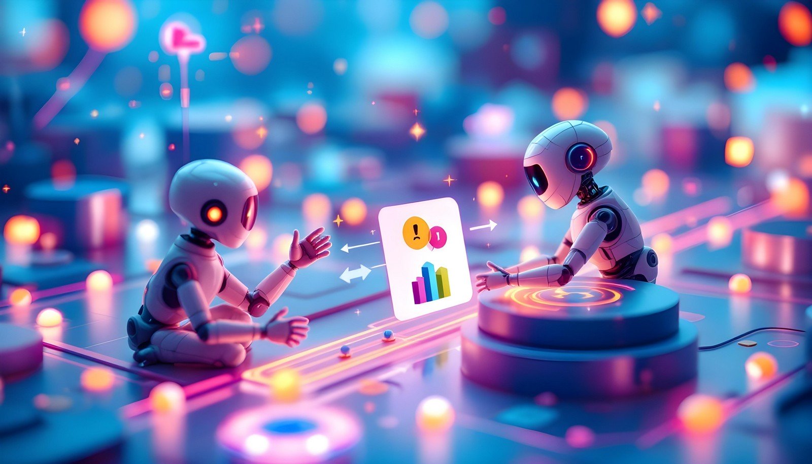 Two futuristic robots in a vibrant, digital environment interact around a shared interface displaying feedback symbols, such as a warning icon and a bar graph. Arrows connect the robots and the interface, illustrating a feedback loop, with one robot appearing to give feedback while the other listens attentively. The background is filled with glowing orbs and circuitry, symbolizing data flow and digital connections, representing a reinforcement learning concept. The image highlights the process of learning through feedback in a visually engaging and stylized manner.