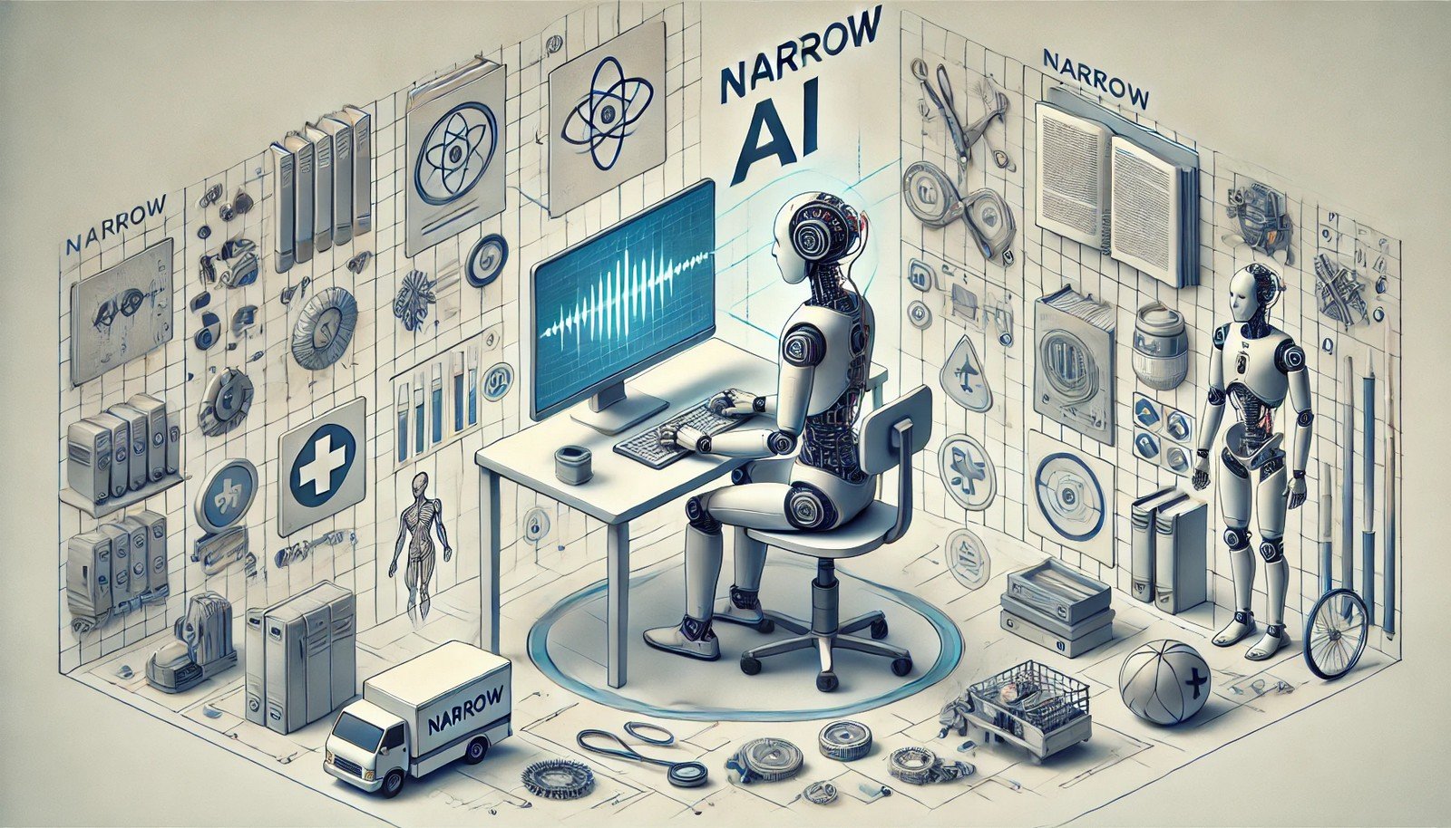 A concept illustration of Narrow AI: a robotic figure focused intently on analyzing data on a computer screen. Surrounding the robot are various unrelated objects like medical tools, books, and sports equipment, which it ignores. The robot has visible wires and components tailored specifically for this single task, symbolizing its specialized, task-focused design. The background is minimalistic, highlighting the robot’s concentrated attention on the computer screen, emphasizing its limited, singular purpose.