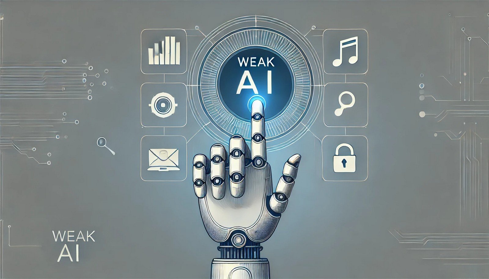 Illustration depicting the concept of Weak AI: a robotic hand touches a simple digital interface with icons representing specific tasks like search, music, and security, emphasizing task-focused functionality. The clean background and confined interaction area highlight Weak AI’s limited scope and narrow specialization.