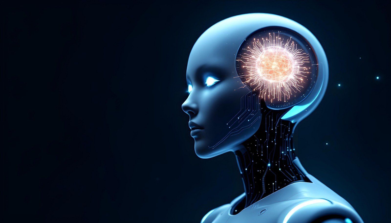 Concept illustration of Artificial Superintelligence featuring a humanoid robot with a glowing, neural network-like core in its head. The robot's eyes emit a soft blue light, and intricate circuitry patterns are visible on its face and neck. The core inside the head radiates with bright, orange energy, symbolizing advanced intelligence and data processing. The dark background keeps the focus on the robot, evoking a futuristic and intelligent presence.