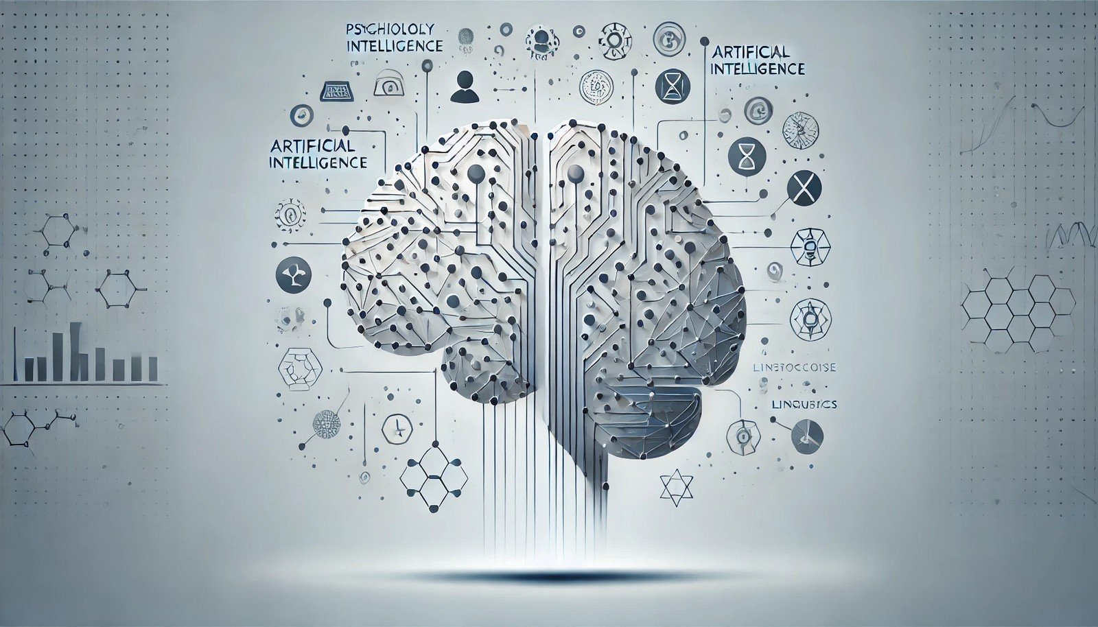 A clean, minimalistic concept illustration of Cognitive Science, featuring a stylized human brain with interconnected nodes and lines symbolizing neural pathways and thought processes. The brain is divided into sections with icons representing psychology, artificial intelligence, neuroscience, and linguistics. The background is a soft gradient in cool blue and grey tones, conveying a sense of knowledge and exploration.