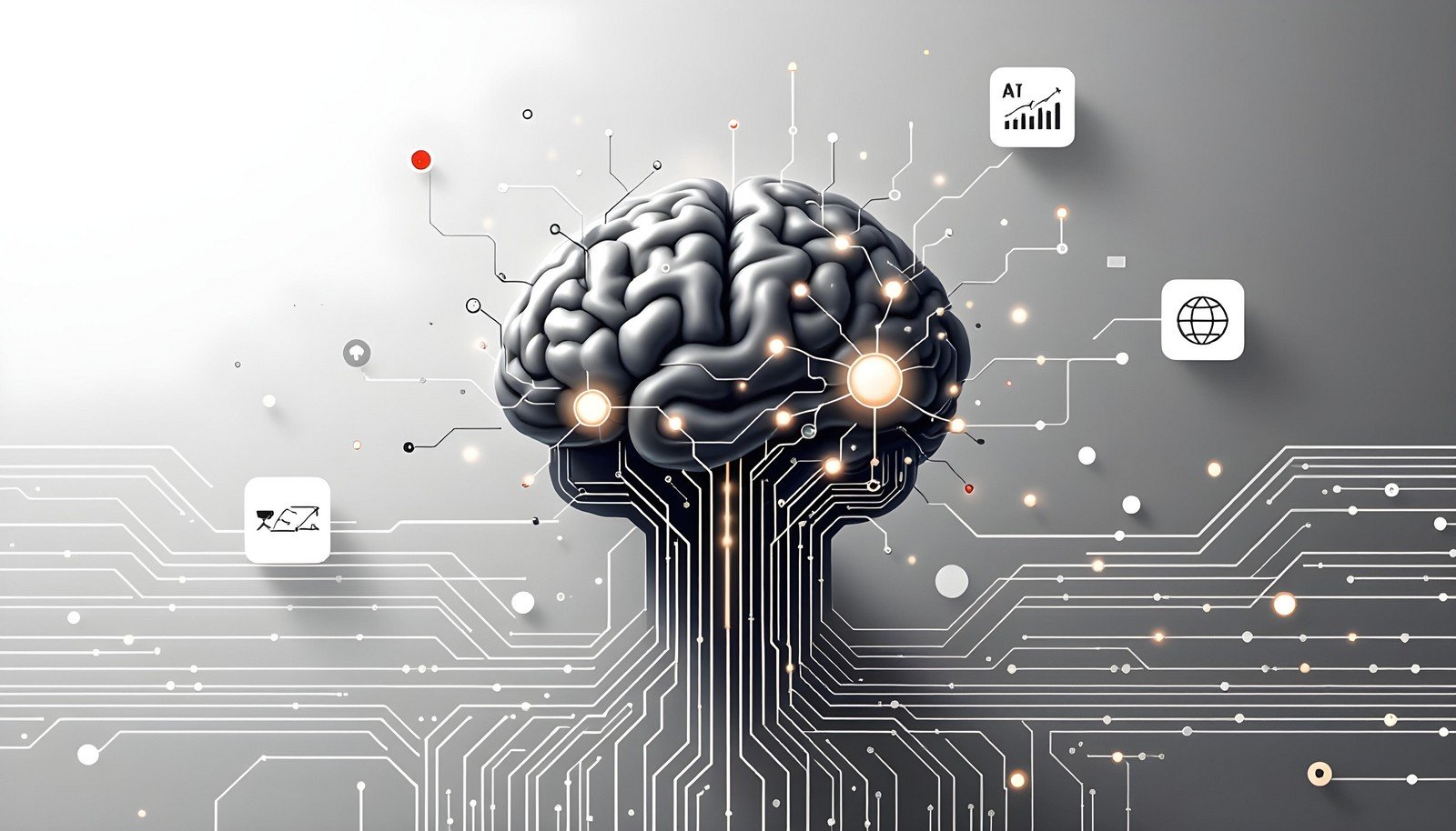 A simplified visual concept of a human brain intertwined with digital circuitry, with smooth, flowing lines connecting neurons to data nodes, symbolizing AI and human-like thinking.