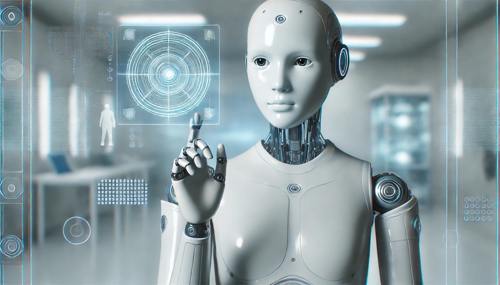 A sleek, minimalistic illustration of a humanoid robot in a futuristic lab, focusing on its face with a glowing display showing emotional indicators. One hand reaches toward a hologram with data patterns, surrounded by a lightly blurred background of advanced machinery, in cool silver and blue tones.