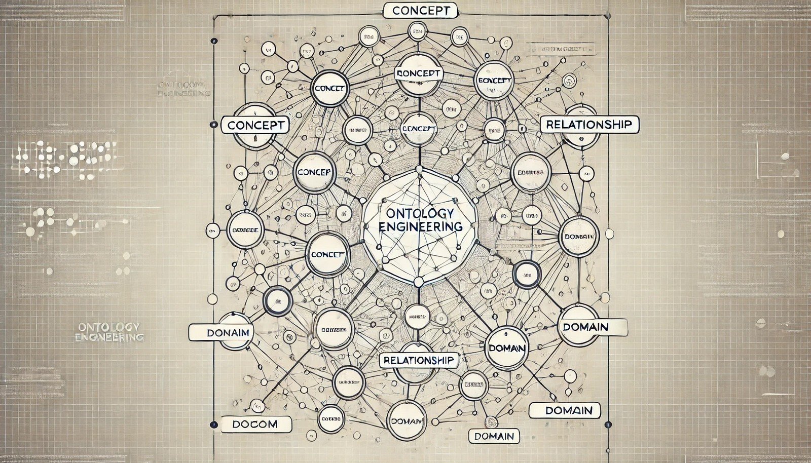 Simplified illustration of Ontology Engineering, showing a central network of interconnected nodes and lines in a structured web pattern. Key nodes are labeled "Concept," "Relationship," and "Domain," against a minimalistic, subtly shaded digital background, representing organized data relationships.